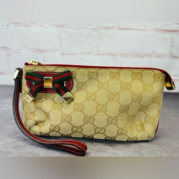 Gucci Sherry Web Bow Khaki Gg Monogram Canvas Wristlet Bag - Picture 2 of 12